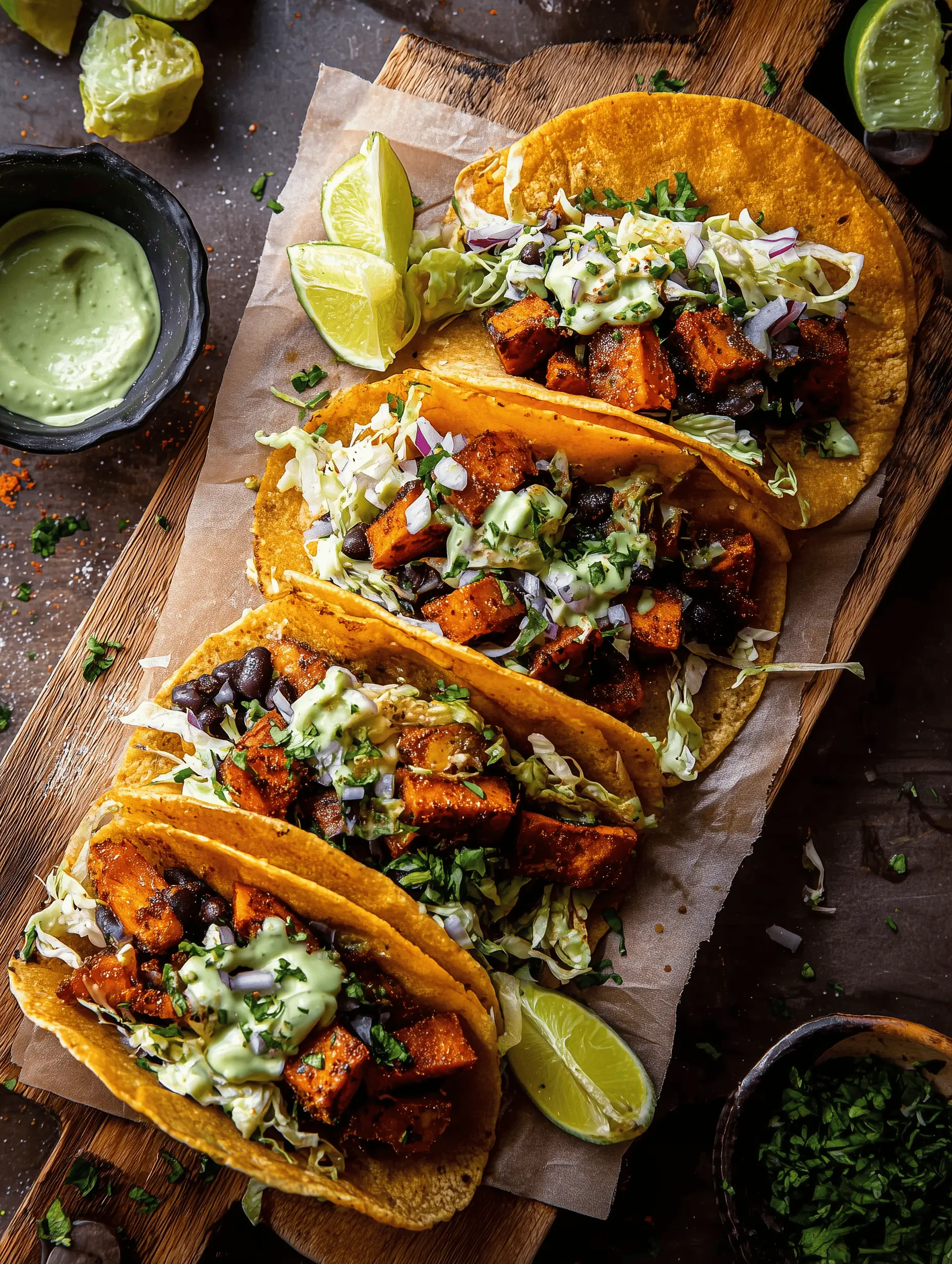 Crispy Sweet Potato Tacos Topped with Avocado Sauce, black beans, and lime crema
