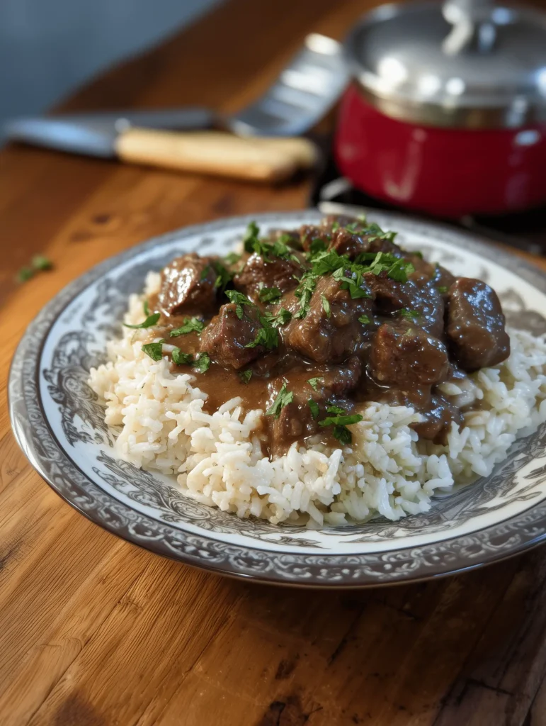 Delicious Beef Tips and Rice with homemade brown gravy and sautéed vegetables.