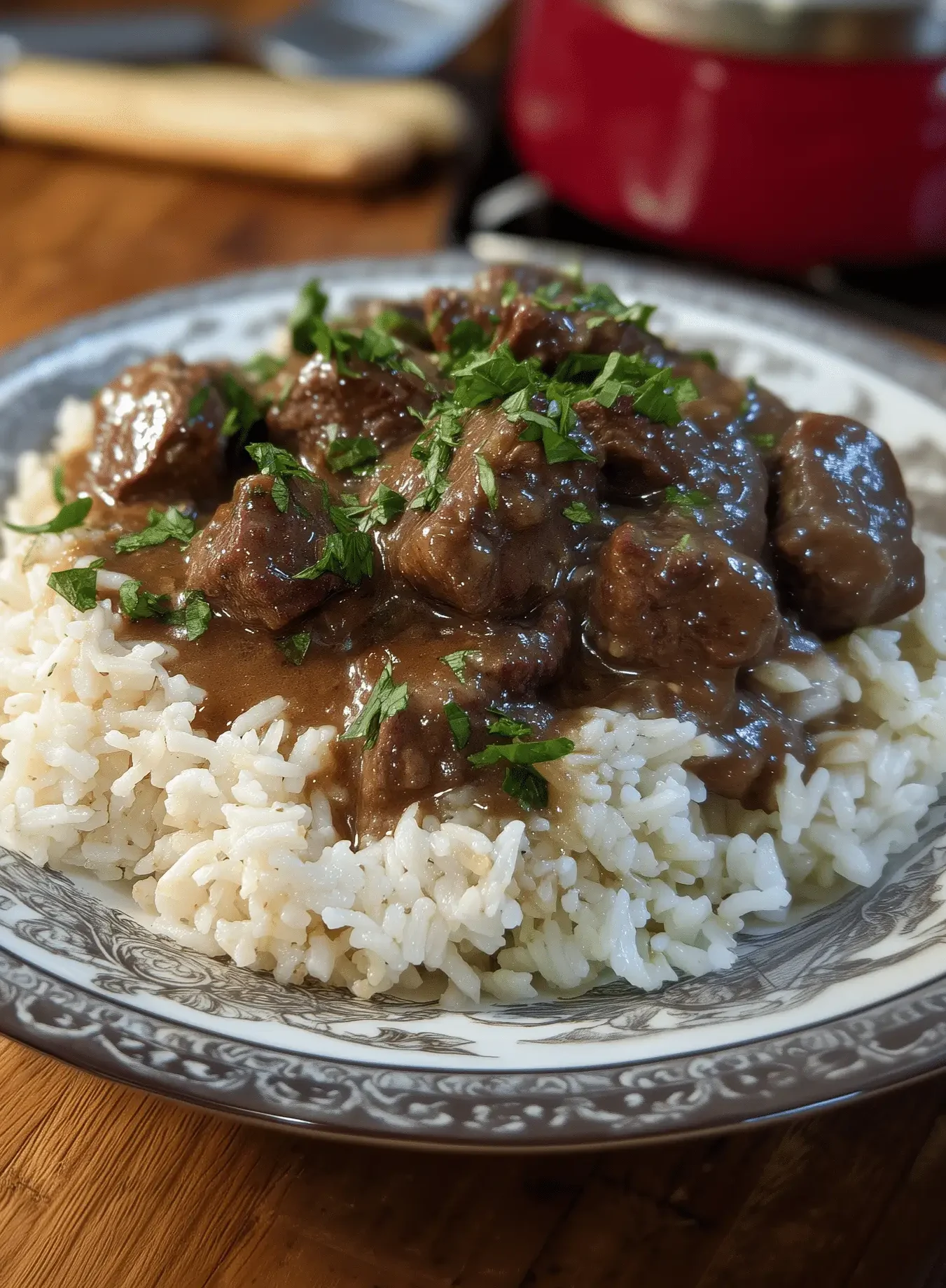 Delicious Beef Tips and Rice with homemade brown gravy and sautéed vegetables.