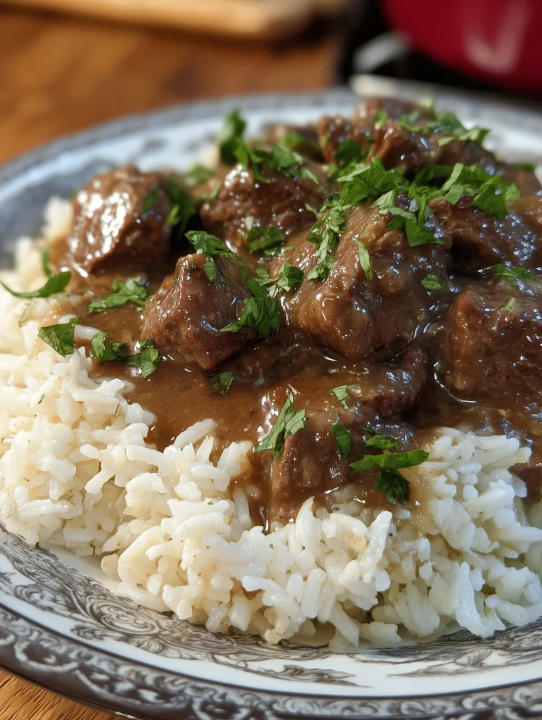 Delicious Beef Tips and Rice with homemade brown gravy and sautéed vegetables.
