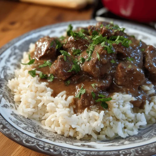 Delicious Beef Tips and Rice with homemade brown gravy and sautéed vegetables.