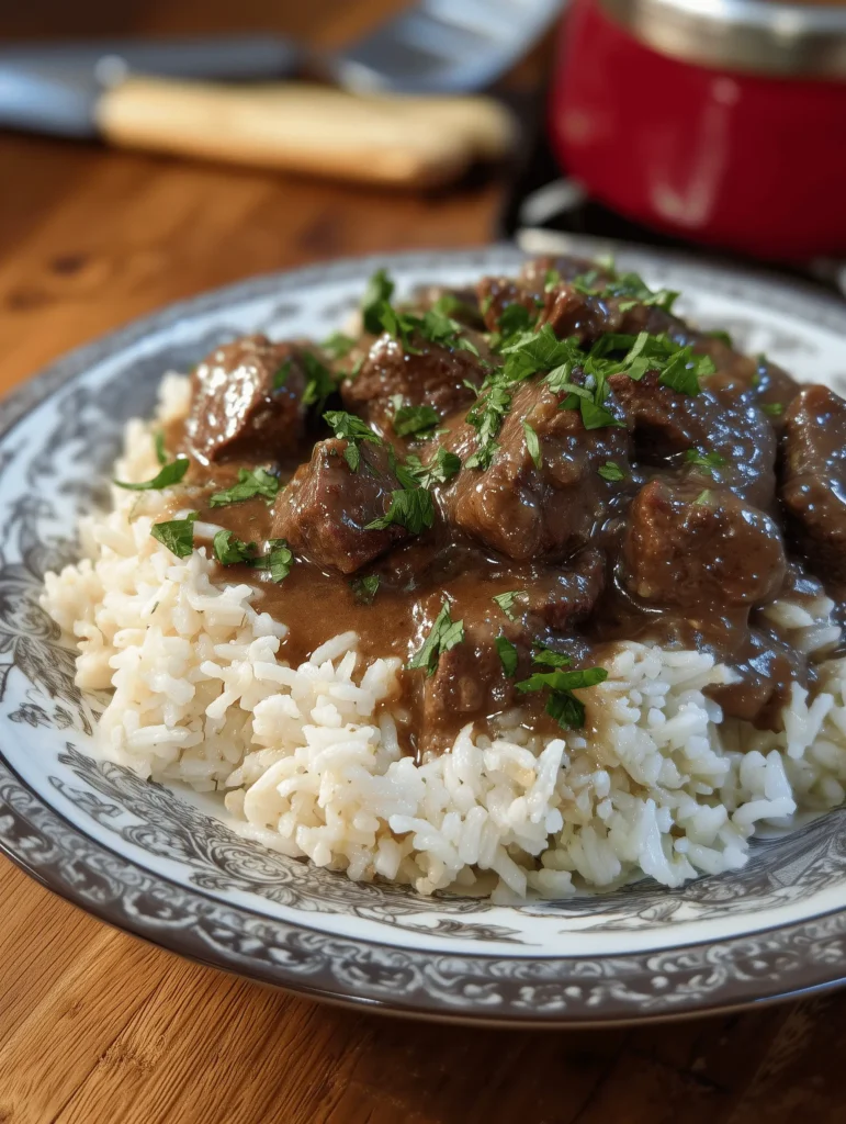 Delicious Beef Tips and Rice with homemade brown gravy and sautéed vegetables.