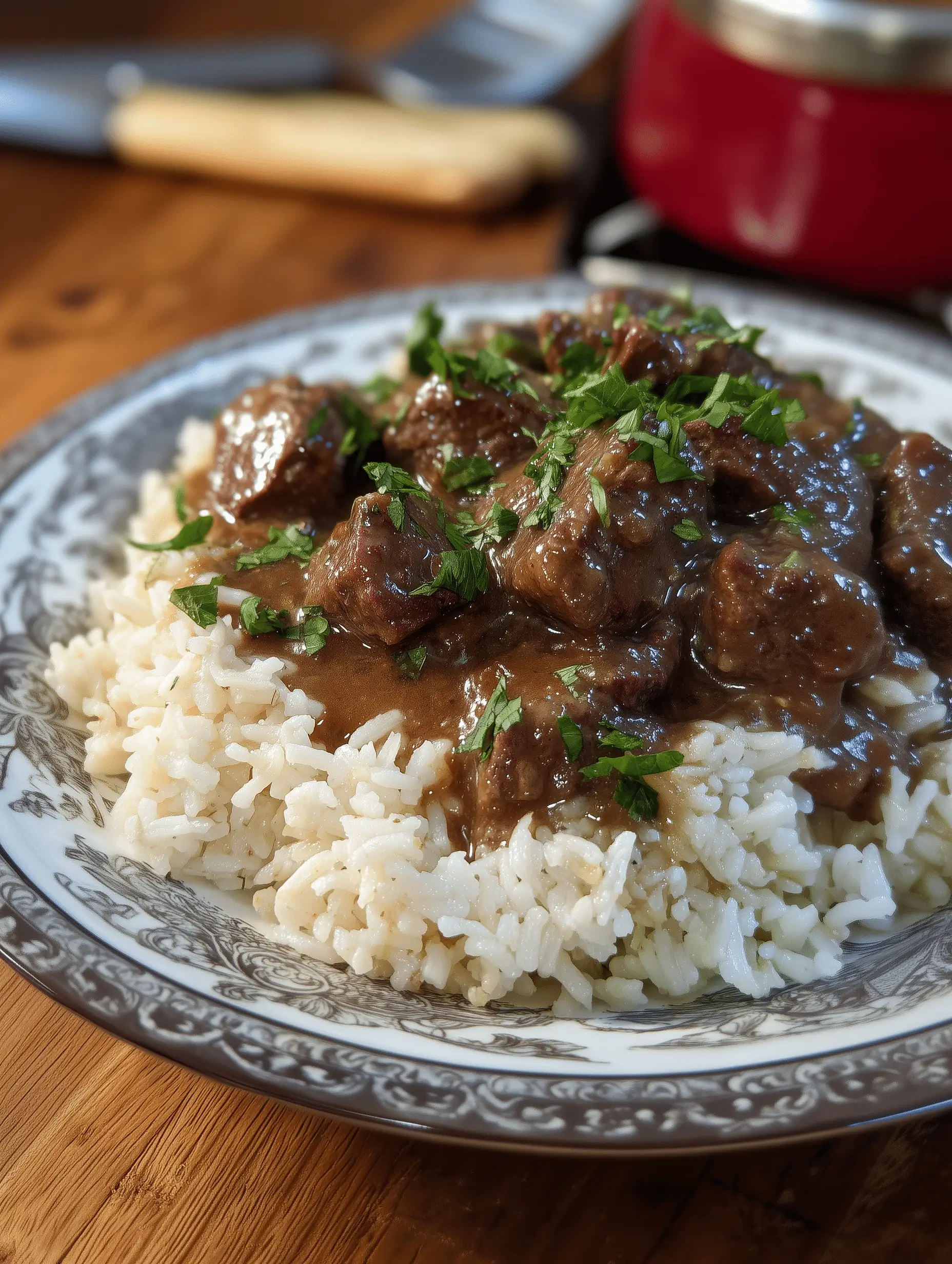 Delicious Beef Tips and Rice with homemade brown gravy and sautéed vegetables.