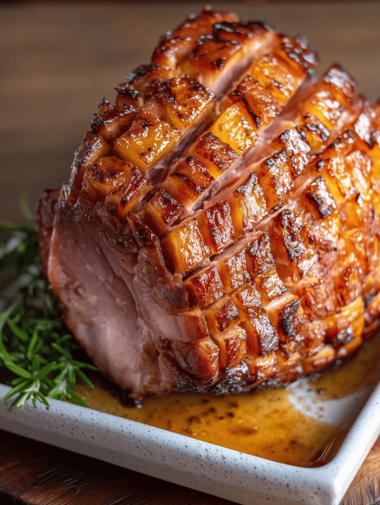 Caramelized Brown Sugar Pineapple Baked Ham garnished with pineapple rings and cherries.