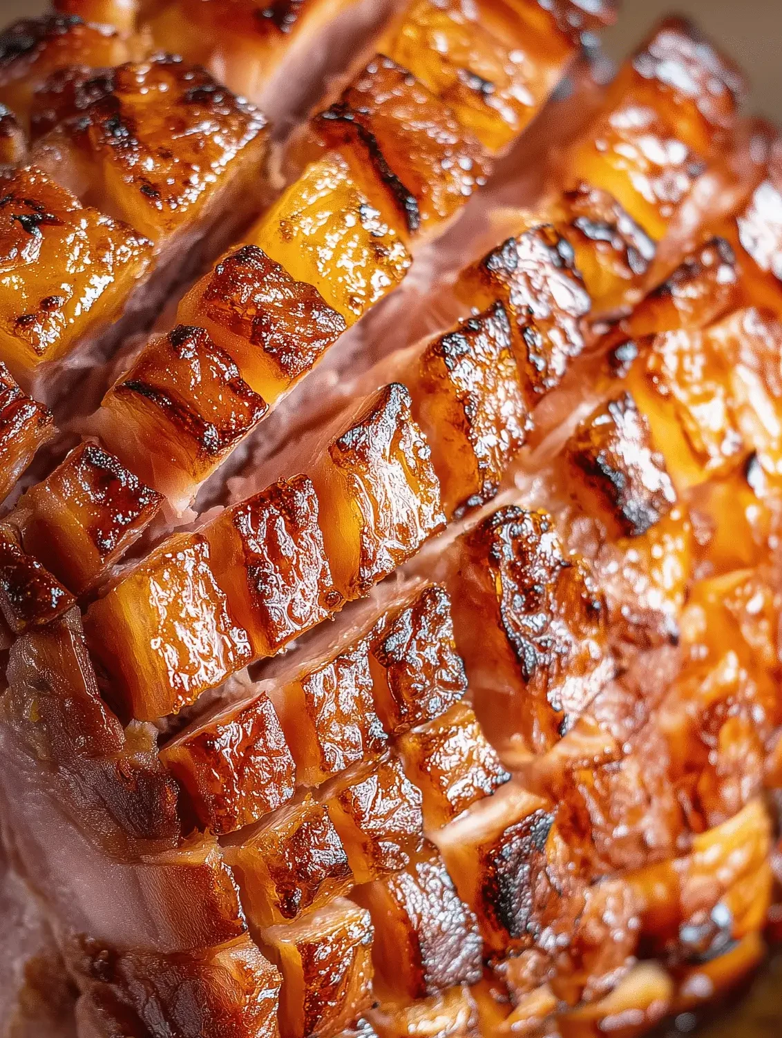 Caramelized Brown Sugar Pineapple Baked Ham garnished with pineapple rings and cherries.