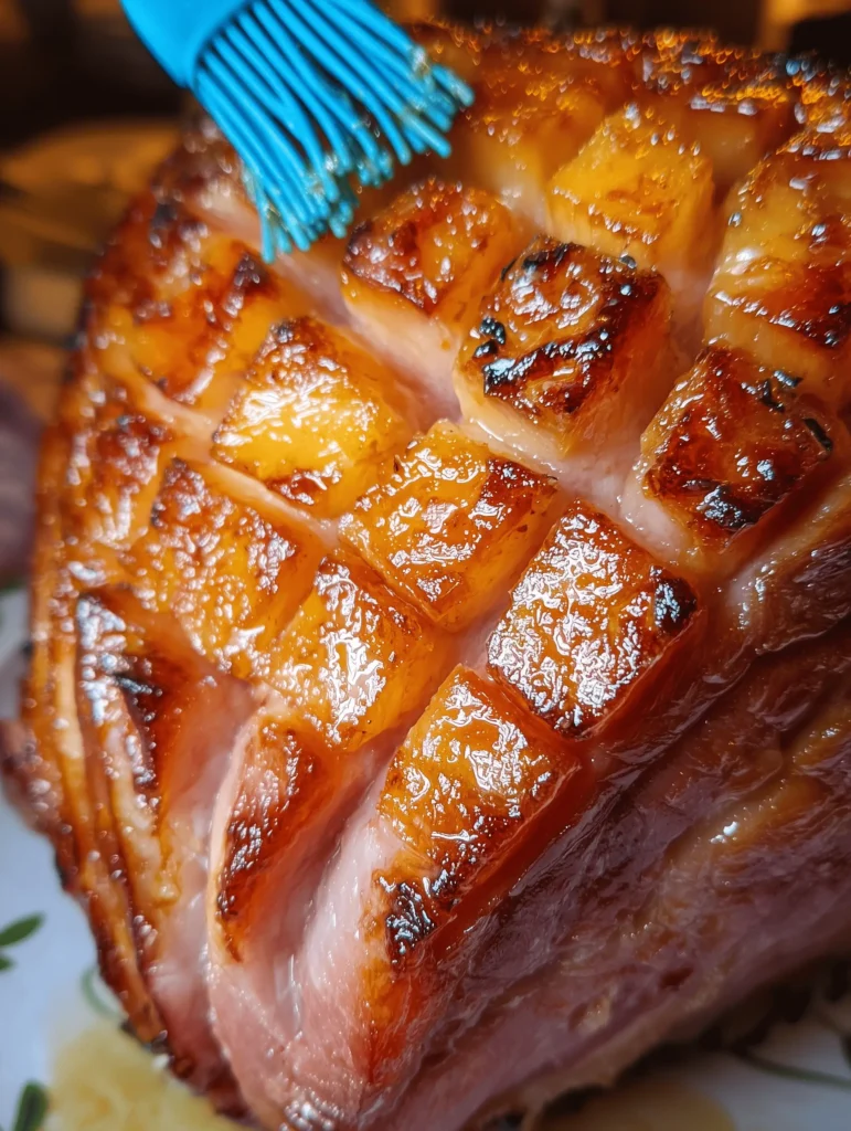 Caramelized Brown Sugar Pineapple Baked Ham garnished with pineapple rings and cherries.