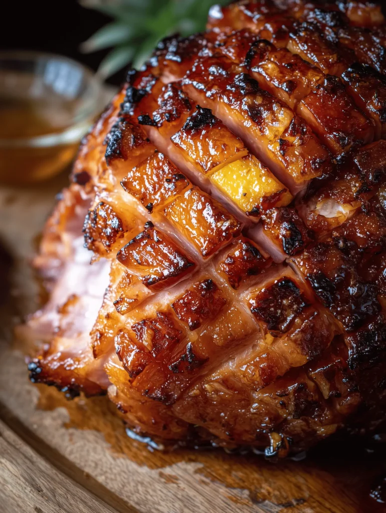 Caramelized Brown Sugar Pineapple Baked Ham garnished with pineapple rings and cherries.