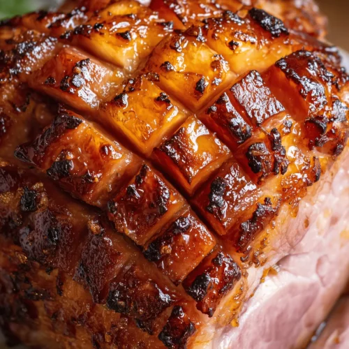 Caramelized Brown Sugar Pineapple Baked Ham garnished with pineapple rings and cherries.