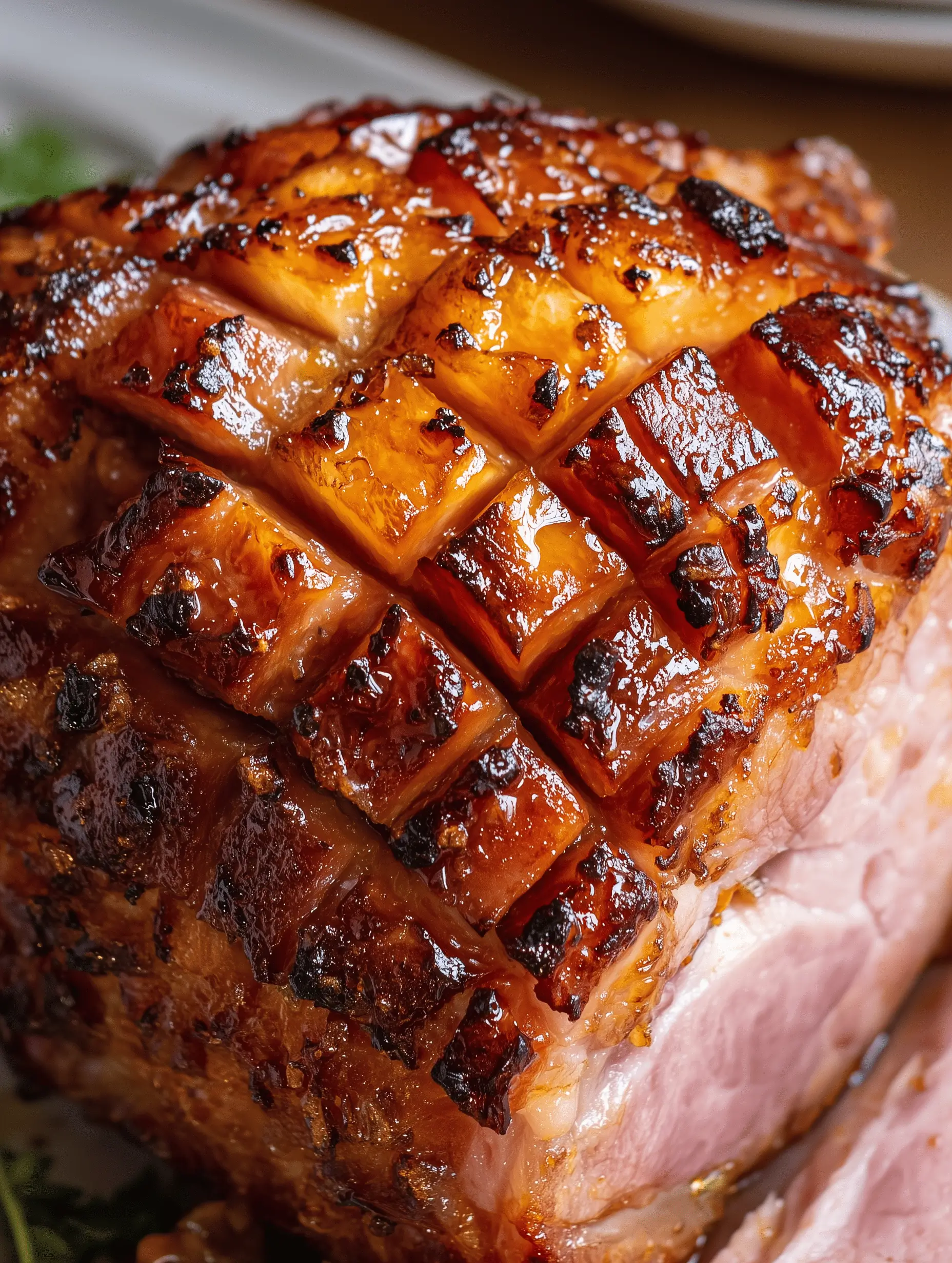 Caramelized Brown Sugar Pineapple Baked Ham garnished with pineapple rings and cherries.