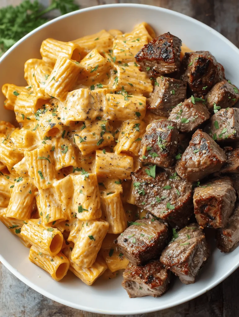 Cajun steak tips served in creamy rigatoni parmesan sauce, garnished for a flavorful dish.