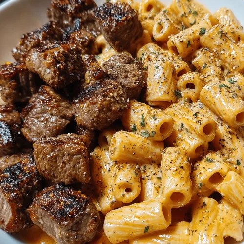 Cajun steak tips served in creamy rigatoni parmesan sauce, garnished for a flavorful dish.