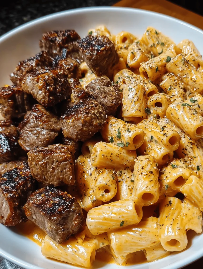 Cajun steak tips served in creamy rigatoni parmesan sauce, garnished for a flavorful dish.