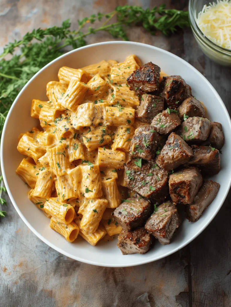 Cajun steak tips served in creamy rigatoni parmesan sauce, garnished for a flavorful dish.
