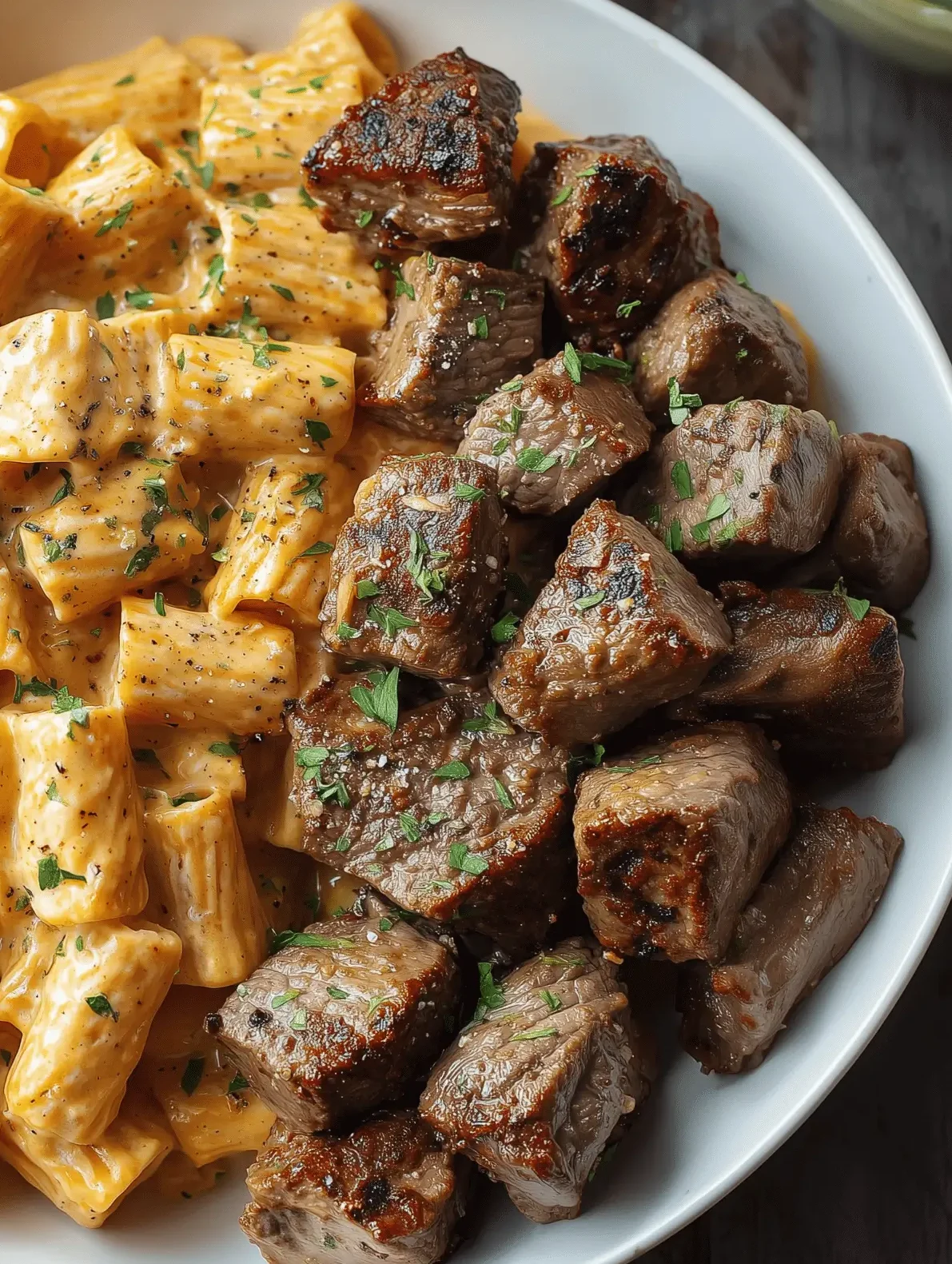 Cajun steak tips served in creamy rigatoni parmesan sauce, garnished for a flavorful dish.