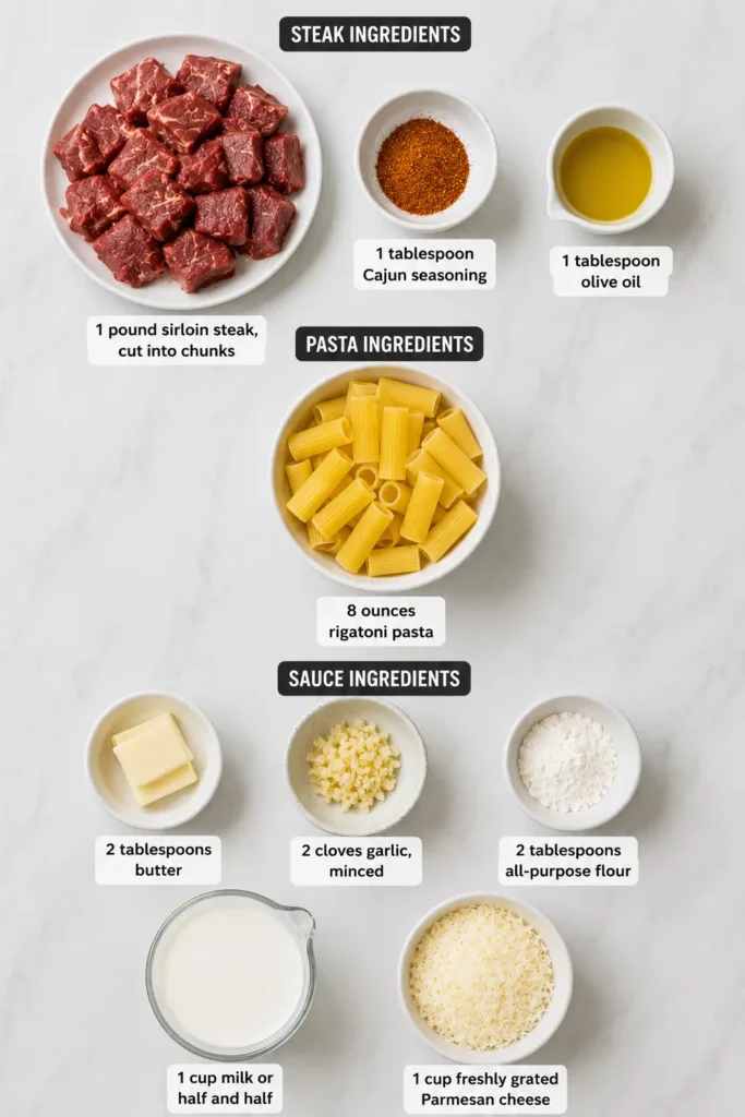 Cajun steak tips served in creamy rigatoni parmesan sauce, garnished for a flavorful dish.