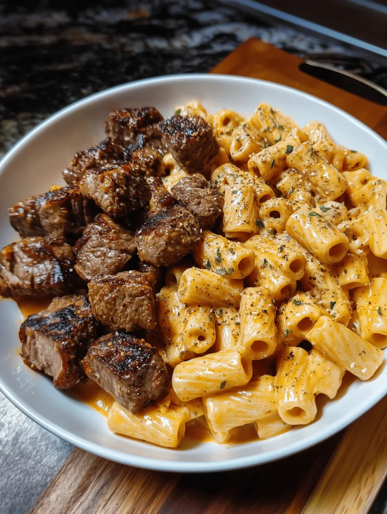 Cajun steak tips served in creamy rigatoni parmesan sauce, garnished for a flavorful dish.