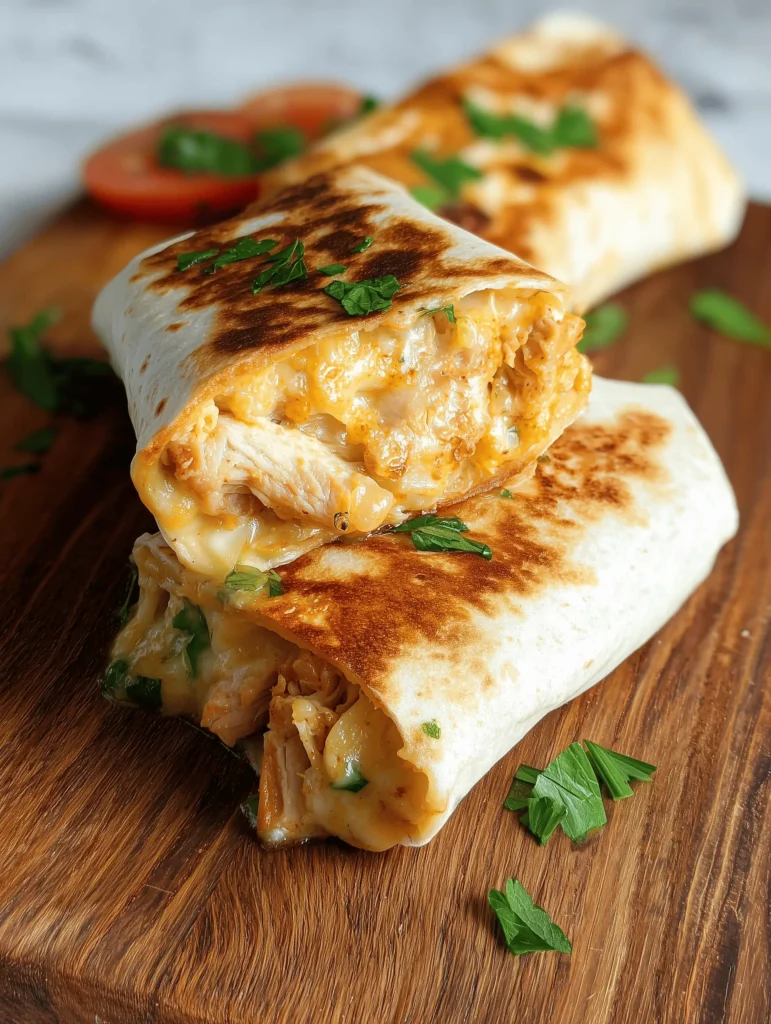 Delicious cheesy garlic chicken wraps with crispy tortillas and melted cheese.