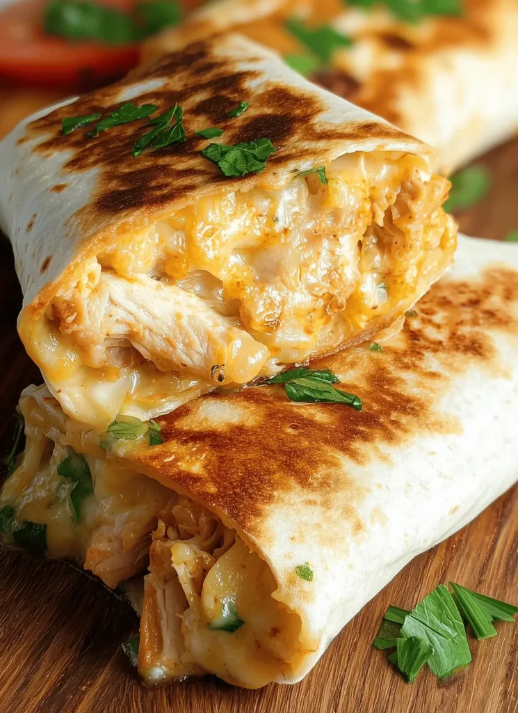 Delicious cheesy garlic chicken wraps with crispy tortillas and melted cheese.
