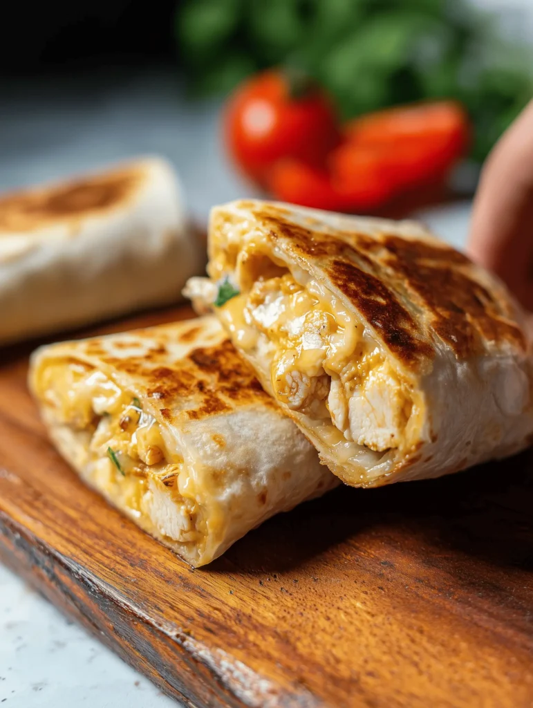 Delicious cheesy garlic chicken wraps with crispy tortillas and melted cheese.