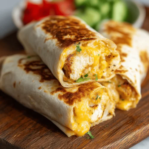 Delicious cheesy garlic chicken wraps with crispy tortillas and melted cheese.