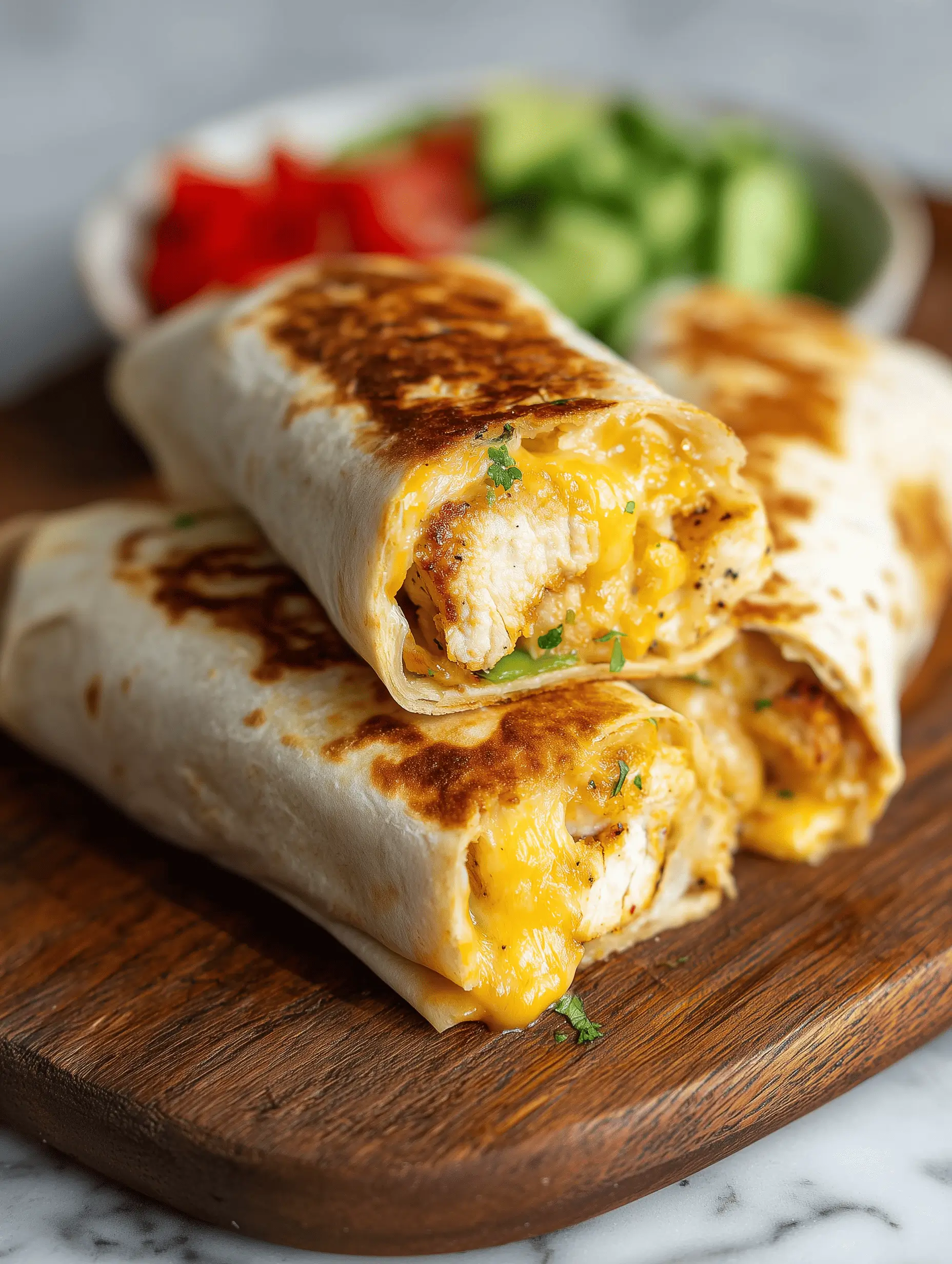 Delicious cheesy garlic chicken wraps with crispy tortillas and melted cheese.