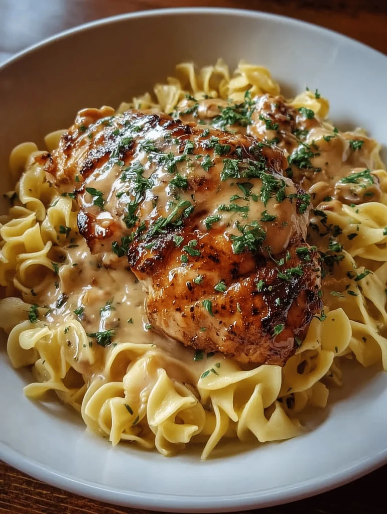 Delicious Chicken with Buttered Noodles served on a plate with herbs.