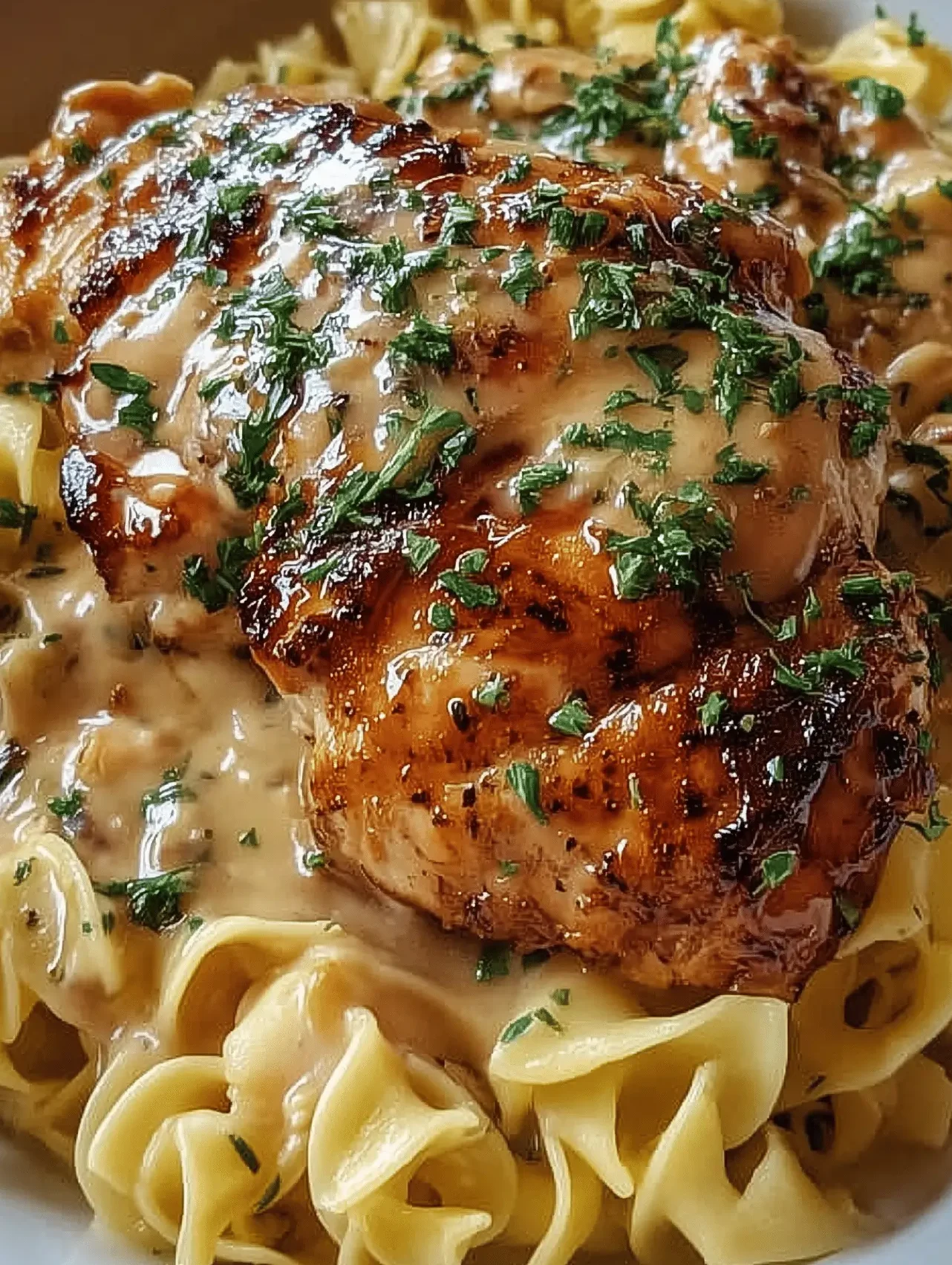 Delicious Chicken with Buttered Noodles served on a plate with herbs.