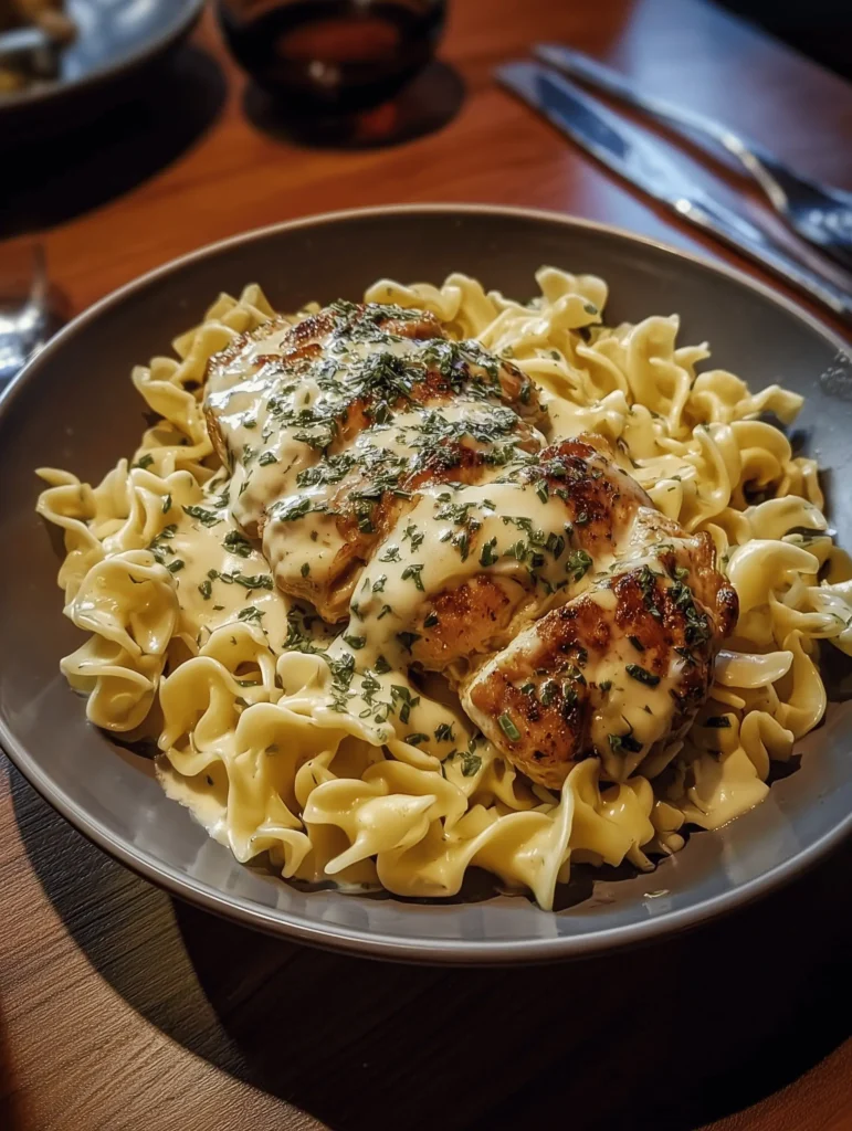 Delicious Chicken with Buttered Noodles served on a plate with herbs.