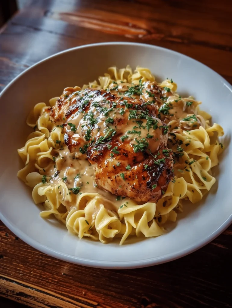 Delicious Chicken with Buttered Noodles served on a plate with herbs.