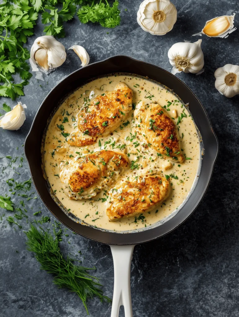 Creamy garlic parmesan chicken served in a rich sauce with herbs