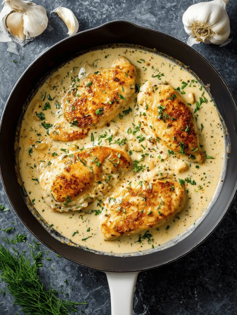 Creamy garlic parmesan chicken served in a rich sauce with herbs