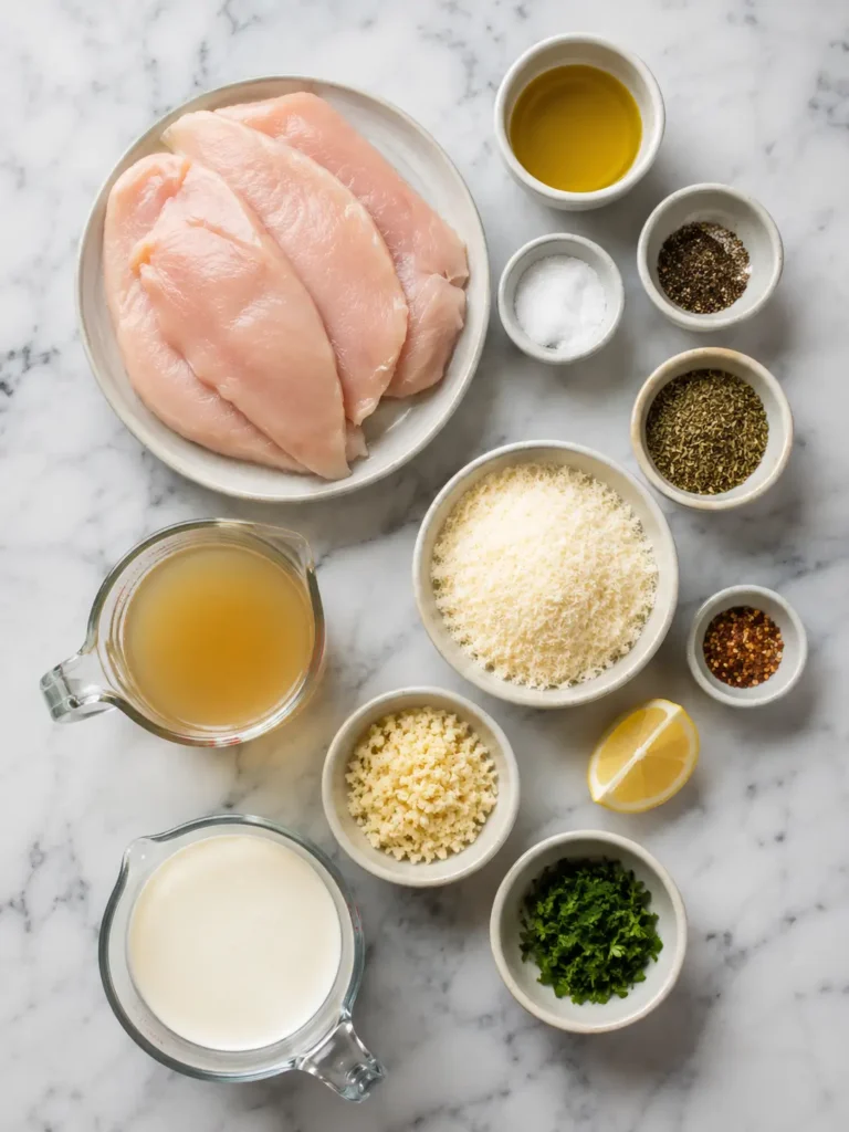Creamy garlic parmesan chicken served in a rich sauce with herbs