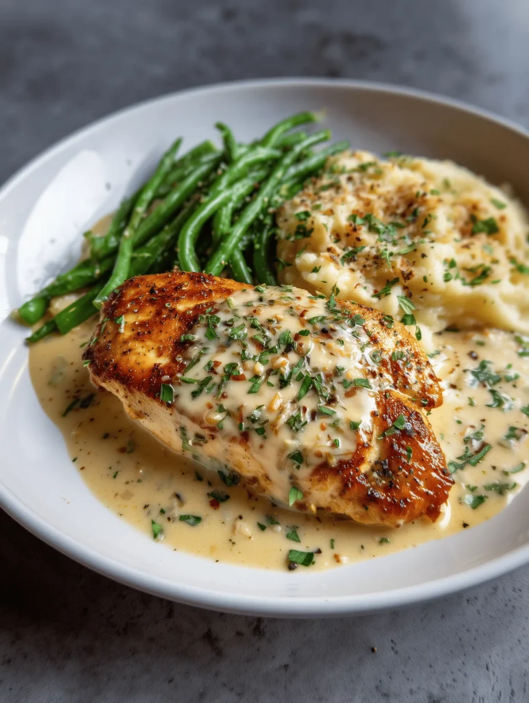 Creamy garlic parmesan chicken served in a rich sauce with herbs