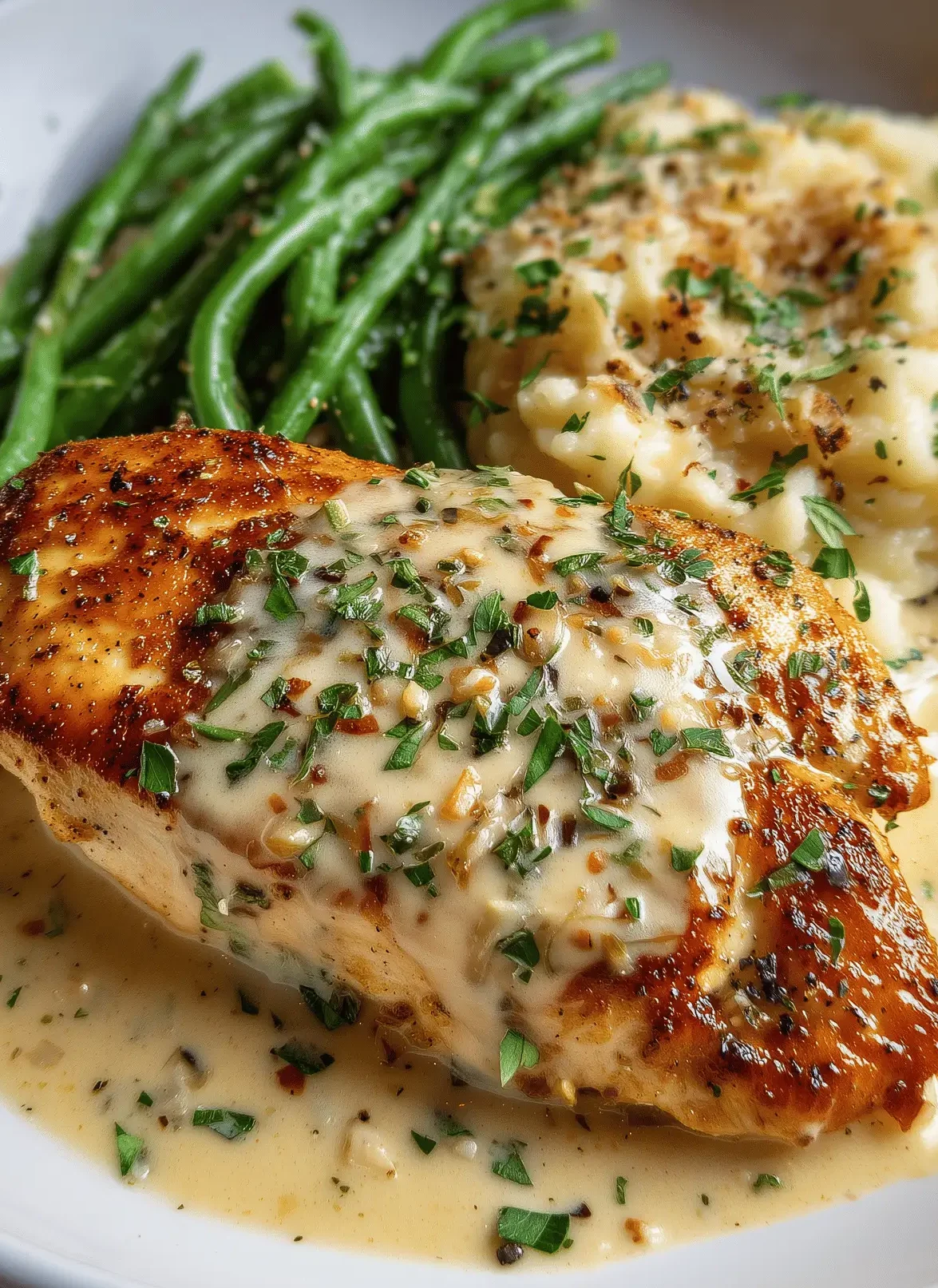 Creamy garlic parmesan chicken served in a rich sauce with herbs
