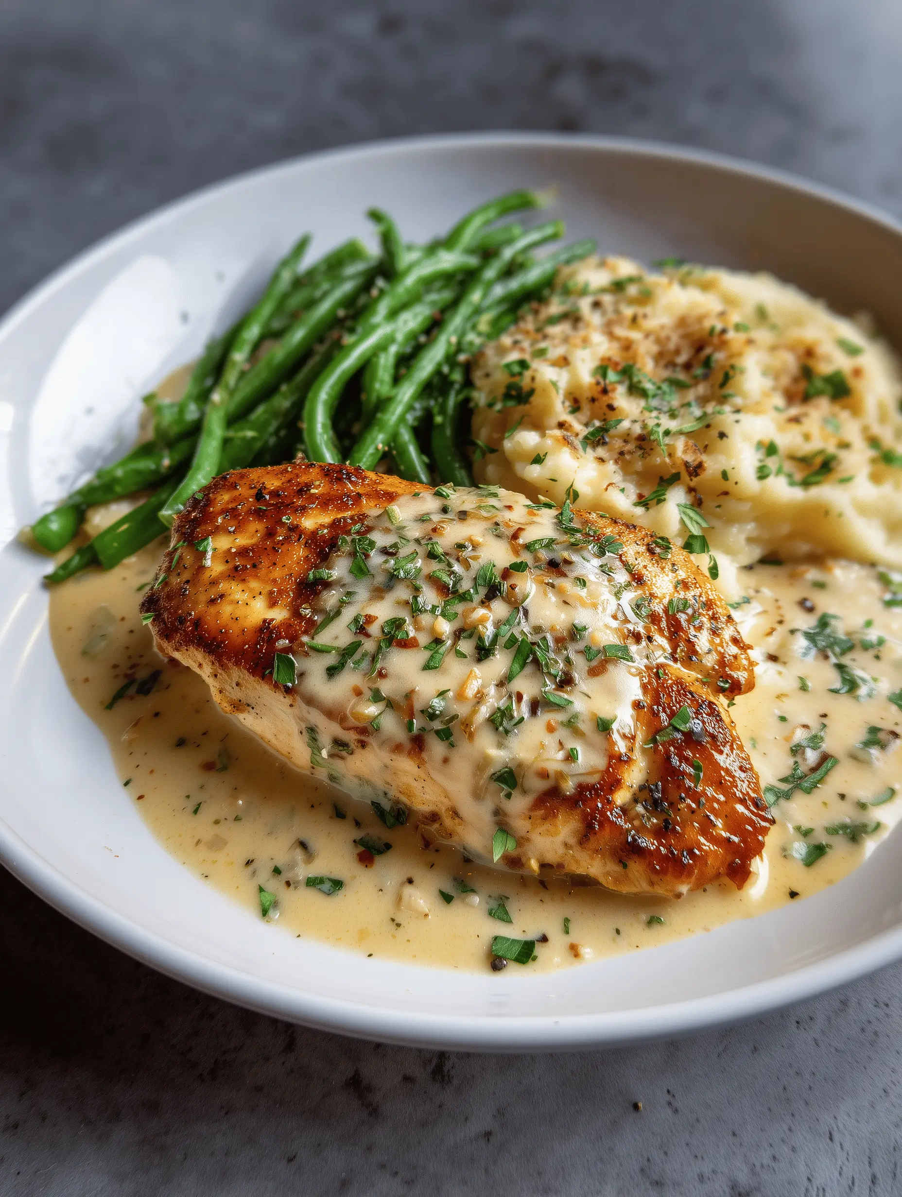 Creamy garlic parmesan chicken served in a rich sauce with herbs