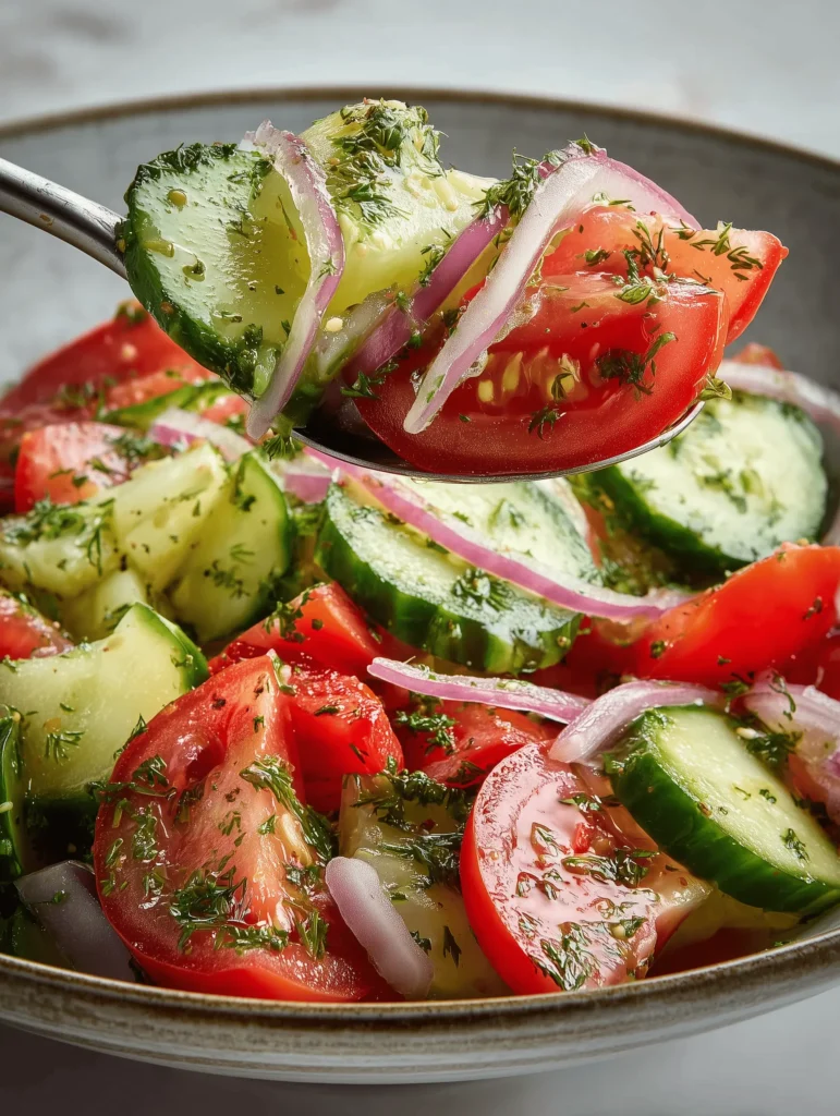 Fresh Cucumber Tomato Salad with cucumbers, tomatoes, red onion, and vinaigrette