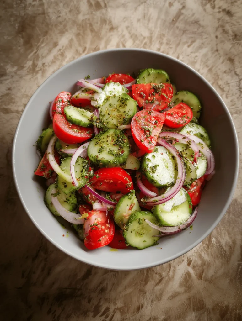 Fresh Cucumber Tomato Salad with cucumbers, tomatoes, red onion, and vinaigrette