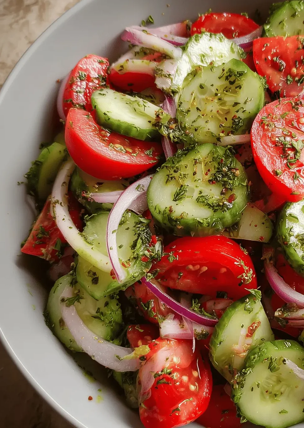 Fresh Cucumber Tomato Salad with cucumbers, tomatoes, red onion, and vinaigrette