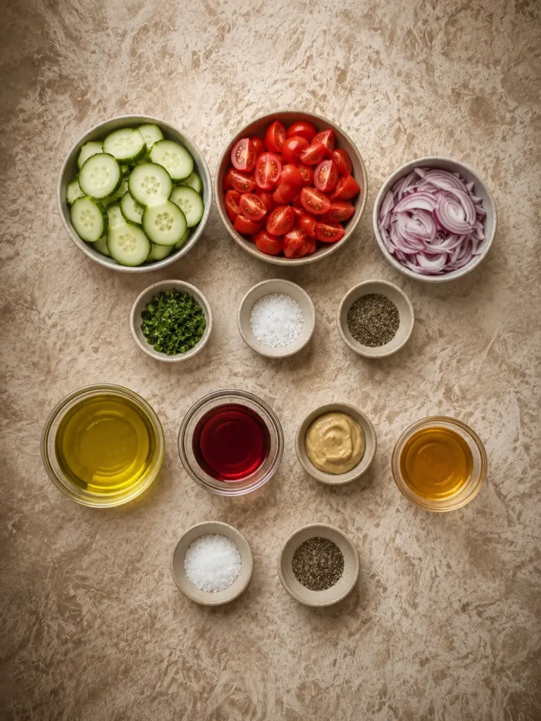 Fresh Cucumber Tomato Salad with cucumbers, tomatoes, red onion, and vinaigrette