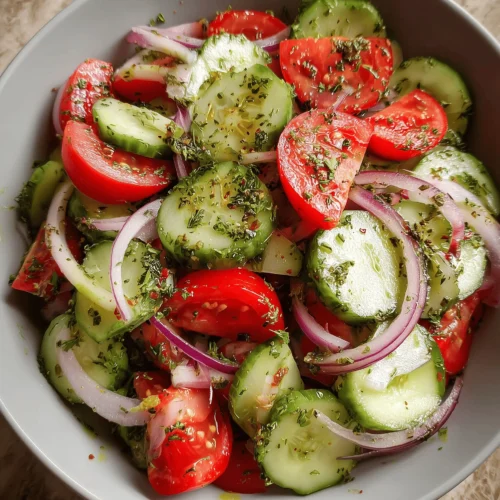 Fresh Cucumber Tomato Salad with cucumbers, tomatoes, red onion, and vinaigrette
