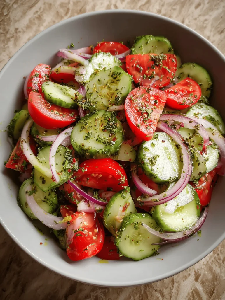 Fresh Cucumber Tomato Salad with cucumbers, tomatoes, red onion, and vinaigrette