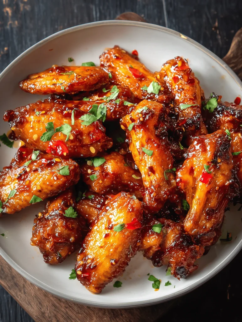 Crispy Hot Honey Chicken Wings glazed with sweet and spicy homemade sauce
