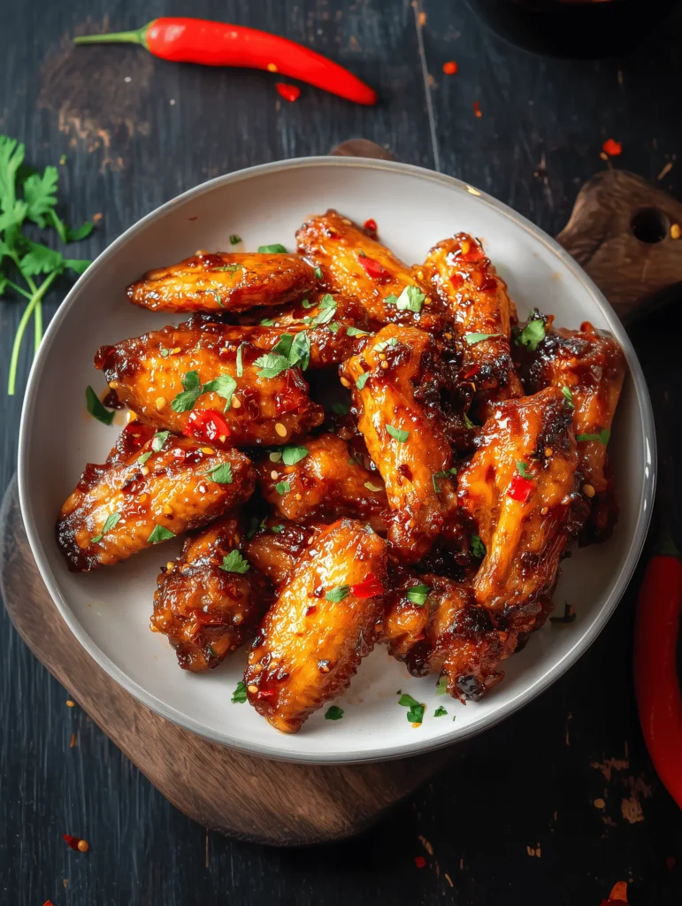 Crispy Hot Honey Chicken Wings glazed with sweet and spicy homemade sauce