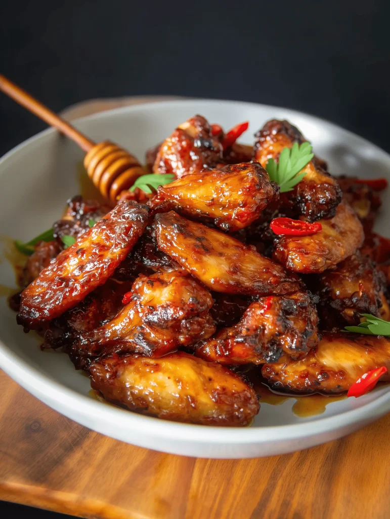 Crispy Hot Honey Chicken Wings glazed with sweet and spicy homemade sauce