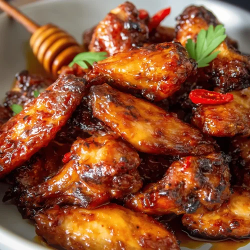 Crispy Hot Honey Chicken Wings glazed with sweet and spicy homemade sauce