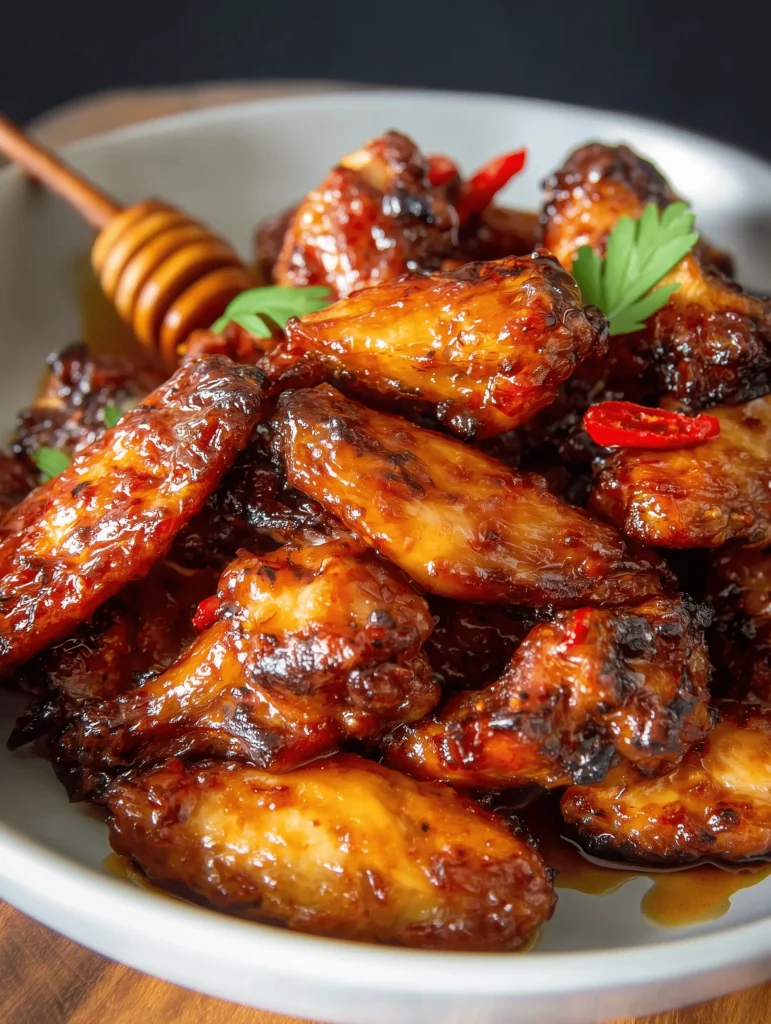 Crispy Hot Honey Chicken Wings glazed with sweet and spicy homemade sauce