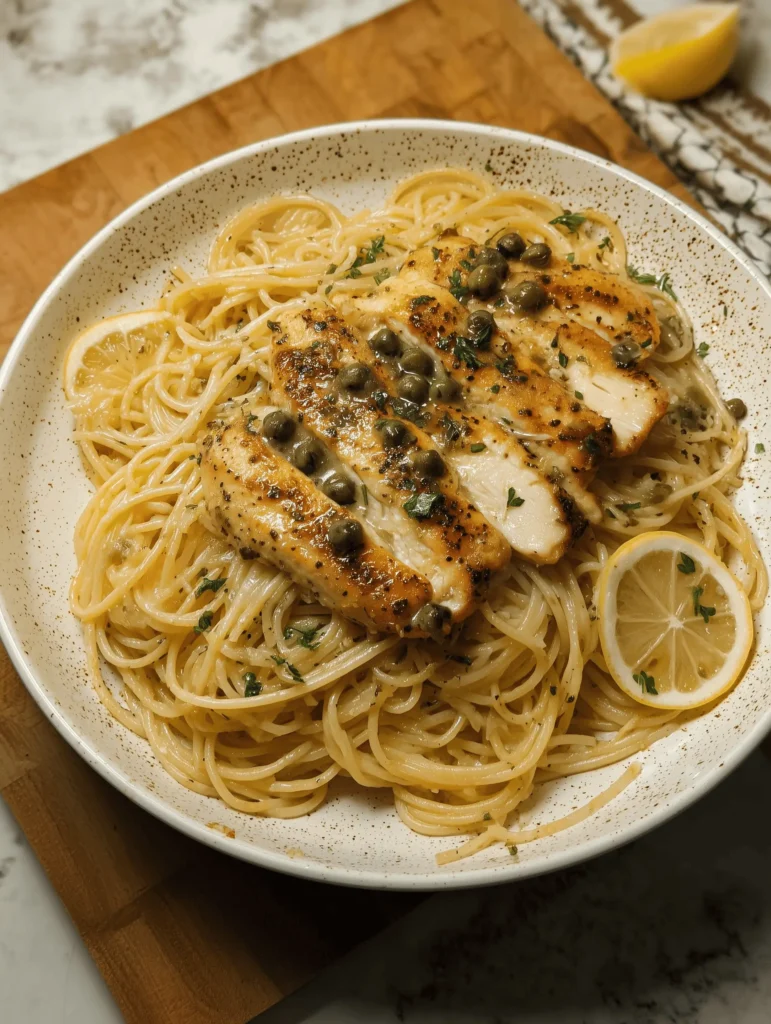 Delicious Chicken Piccata Pasta with lemon, capers, and juicy chicken in buttery sauce.