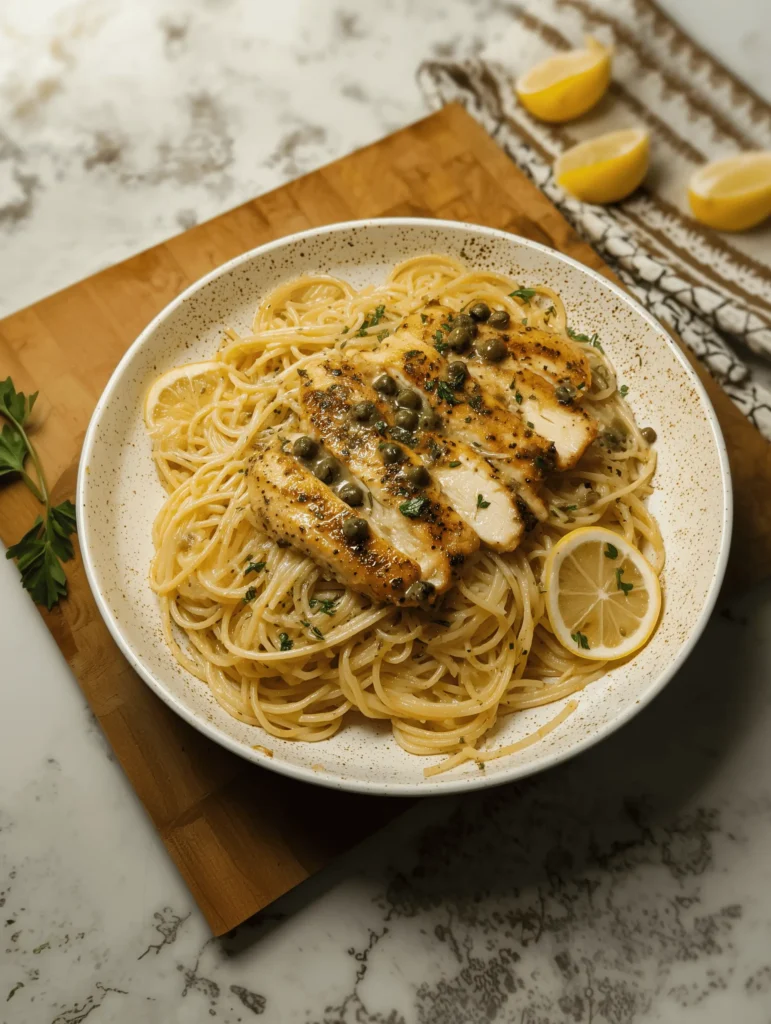 Delicious Chicken Piccata Pasta with lemon, capers, and juicy chicken in buttery sauce.