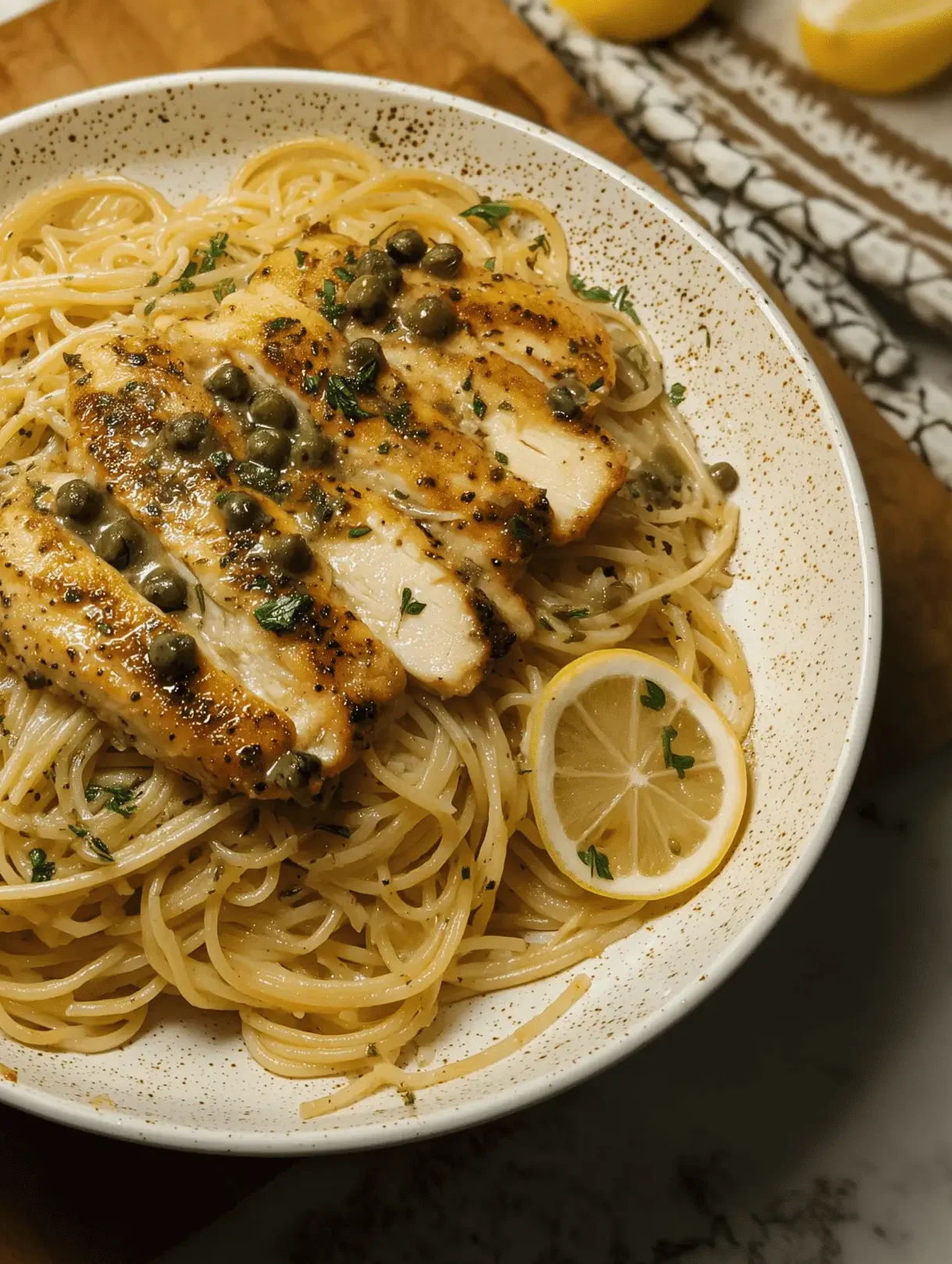 Delicious Chicken Piccata Pasta with lemon, capers, and juicy chicken in buttery sauce.