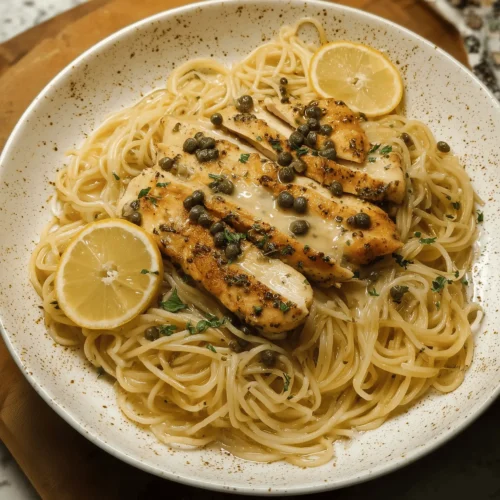 Delicious Chicken Piccata Pasta with lemon, capers, and juicy chicken in buttery sauce.